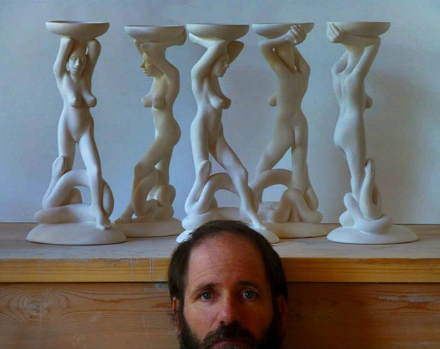 Greg Geffner with ceramic sculptures.